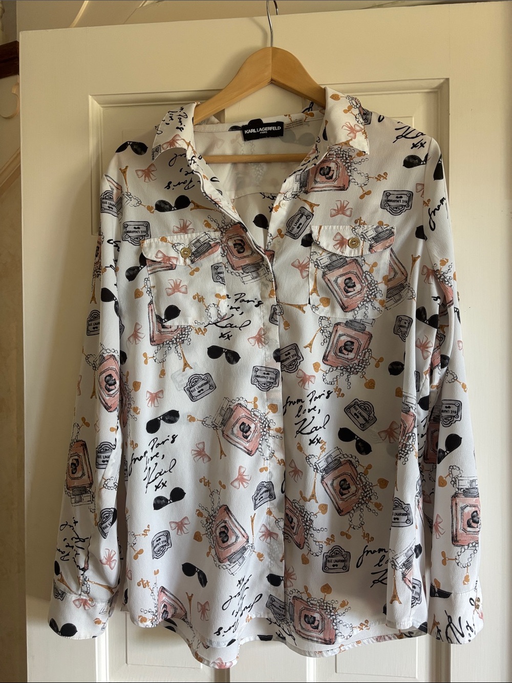 Karl Lagerfeld White Button-Down Shirt with Pink & Black Print Size SM Polyester